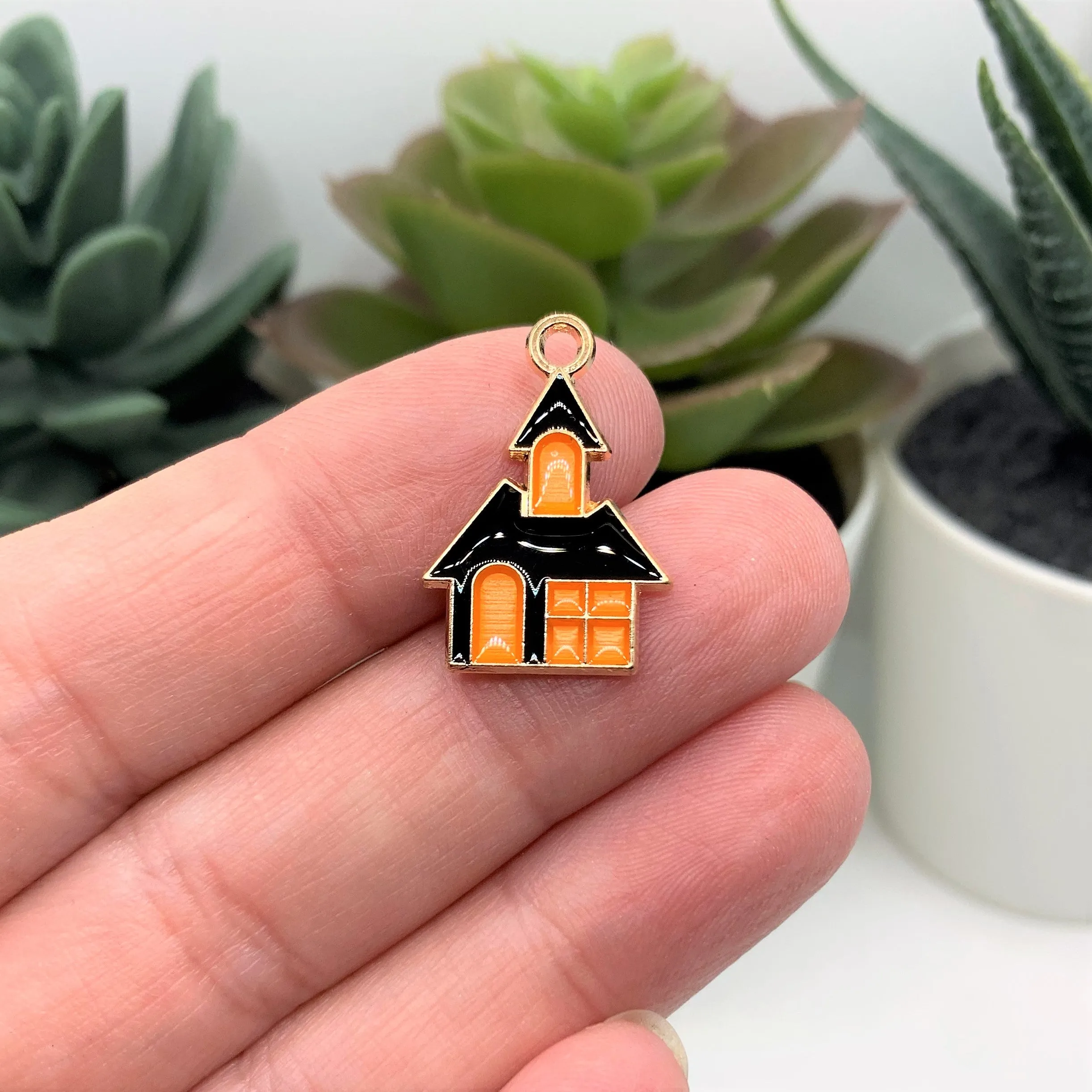 4, 20 or 50 Pieces: Black and Orange Enamel Haunted House Halloween Charms