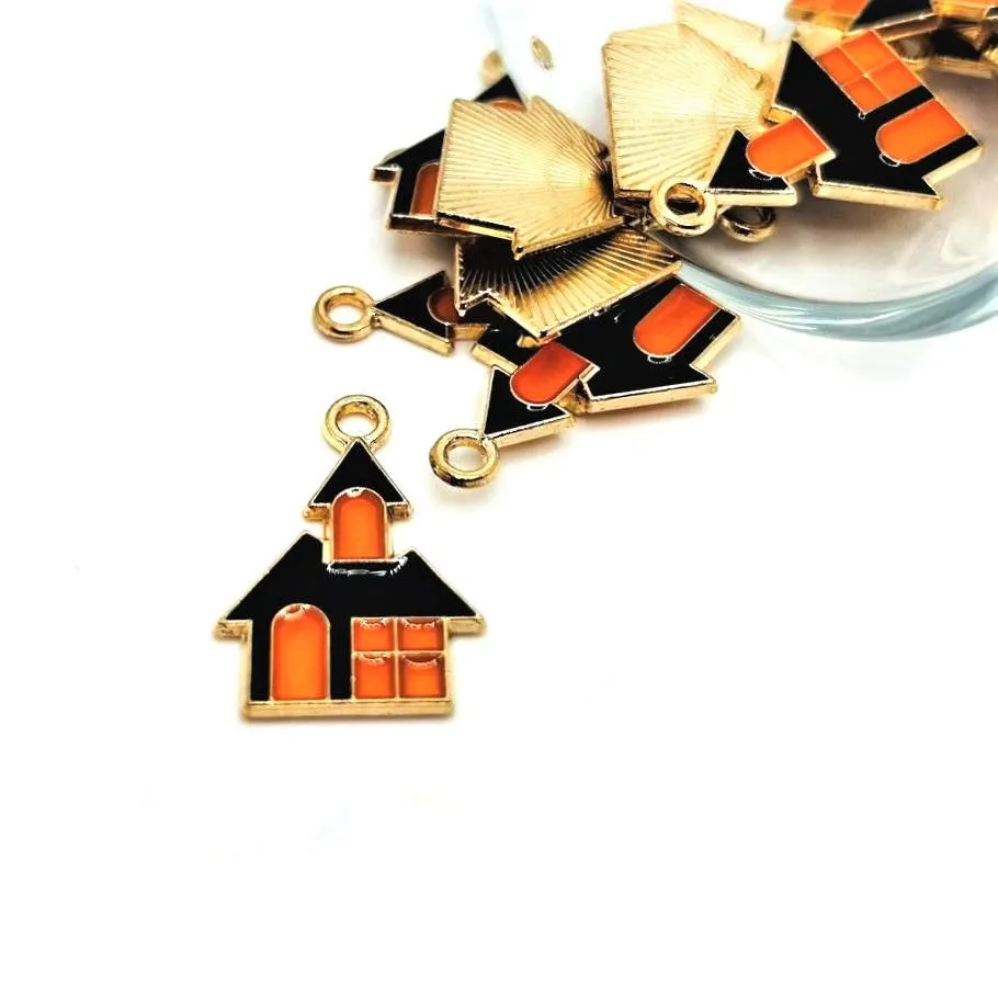 4, 20 or 50 Pieces: Black and Orange Enamel Haunted House Halloween Charms