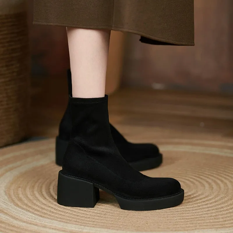 Amozae Stretch Flock Women Boots Winter Fashion Slip-On Round Toe Chunky Heel Ankle Boots Handmade Women Shoes Platform Stretch Boots