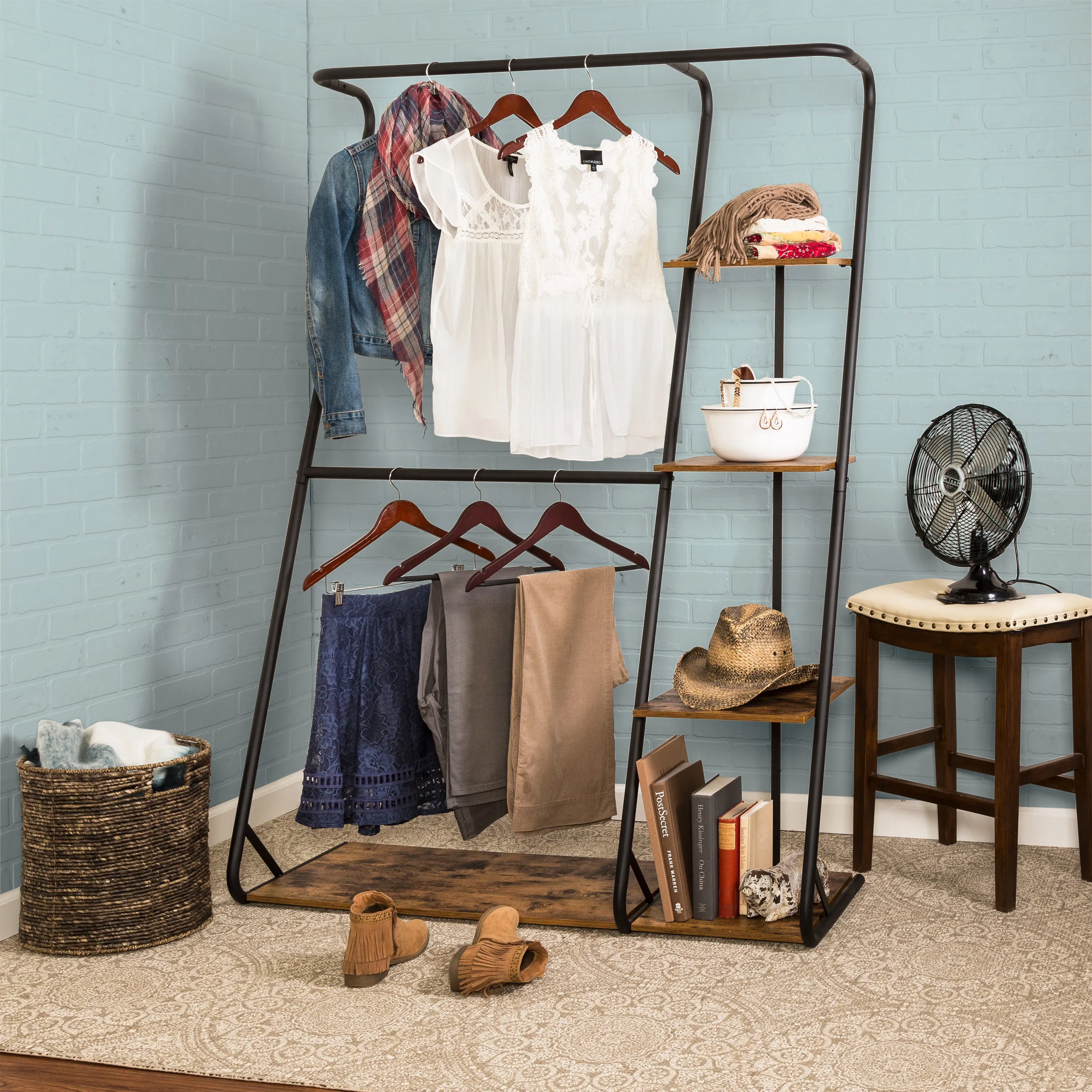 Black/Rustic Freestanding 2-Rod Open Closet with 3 Shelves