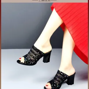 DEANWANGKT  Peep-Toe Slippers Women's New Mesh plus Size Foreign Trade High Heel Shoes for Spring and Summer