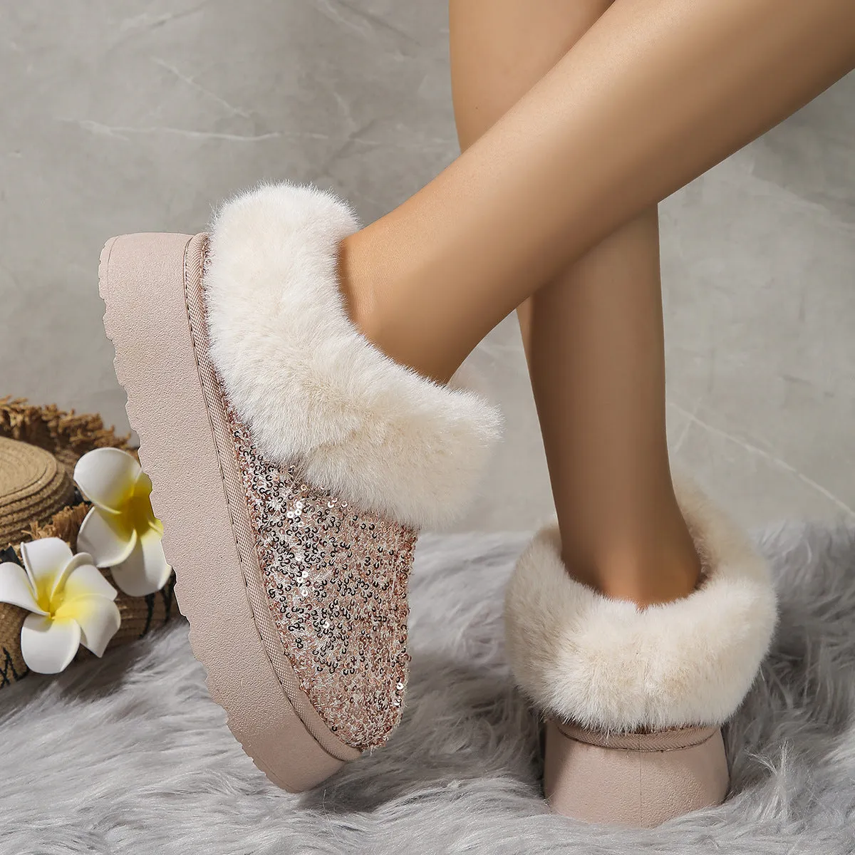 Fashion Sequined Thick-soled Plush Shoes Winter Indoor And Outdoor Casual Warm Slippers Women Garden House Shoes