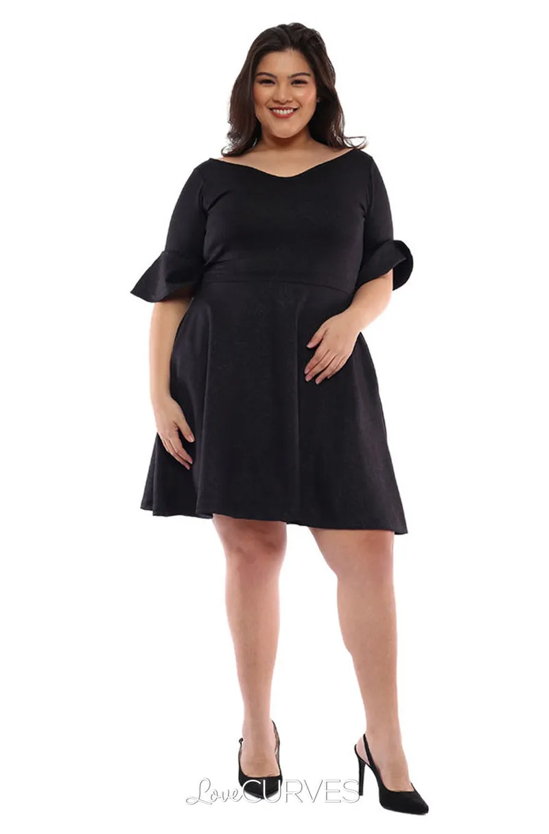 Frill Sleeves Fit and Flare Dress - Black Brocade