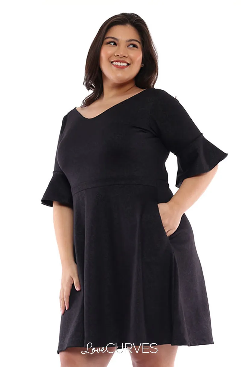 Frill Sleeves Fit and Flare Dress - Black Brocade