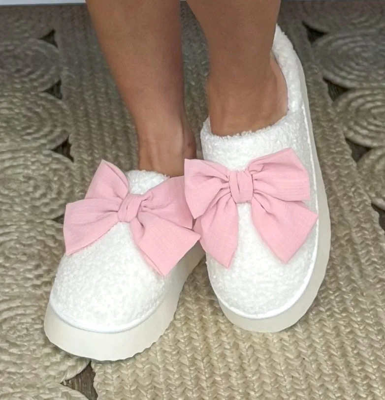 MIA Ivory Blush Bow Platform Shearl Slipper