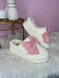 MIA Ivory Blush Bow Platform Shearl Slipper