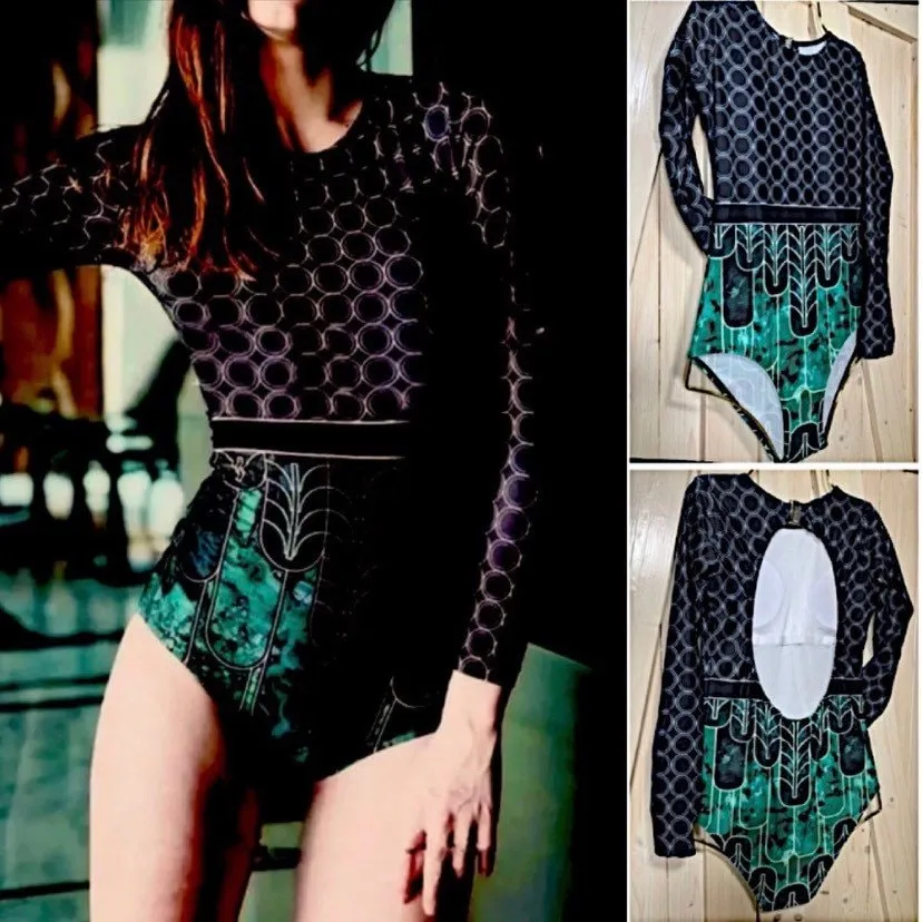 new UPF Black • Jade longsleeve swimsuit S-XL or one-shoulder one piece Emerald • Mist - sz L green gold geometrics modest edgy unique