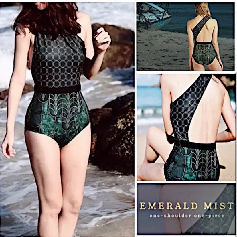 new UPF Black • Jade longsleeve swimsuit S-XL or one-shoulder one piece Emerald • Mist - sz L green gold geometrics modest edgy unique