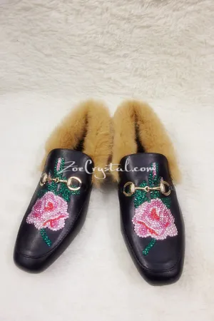 New**Bling and Sparkly Rose Print Leather with Fur Slipper made of Czech / Swarovski crystals