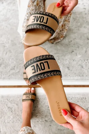 "Love" Graphic Slide Sandals (Black/Tan)