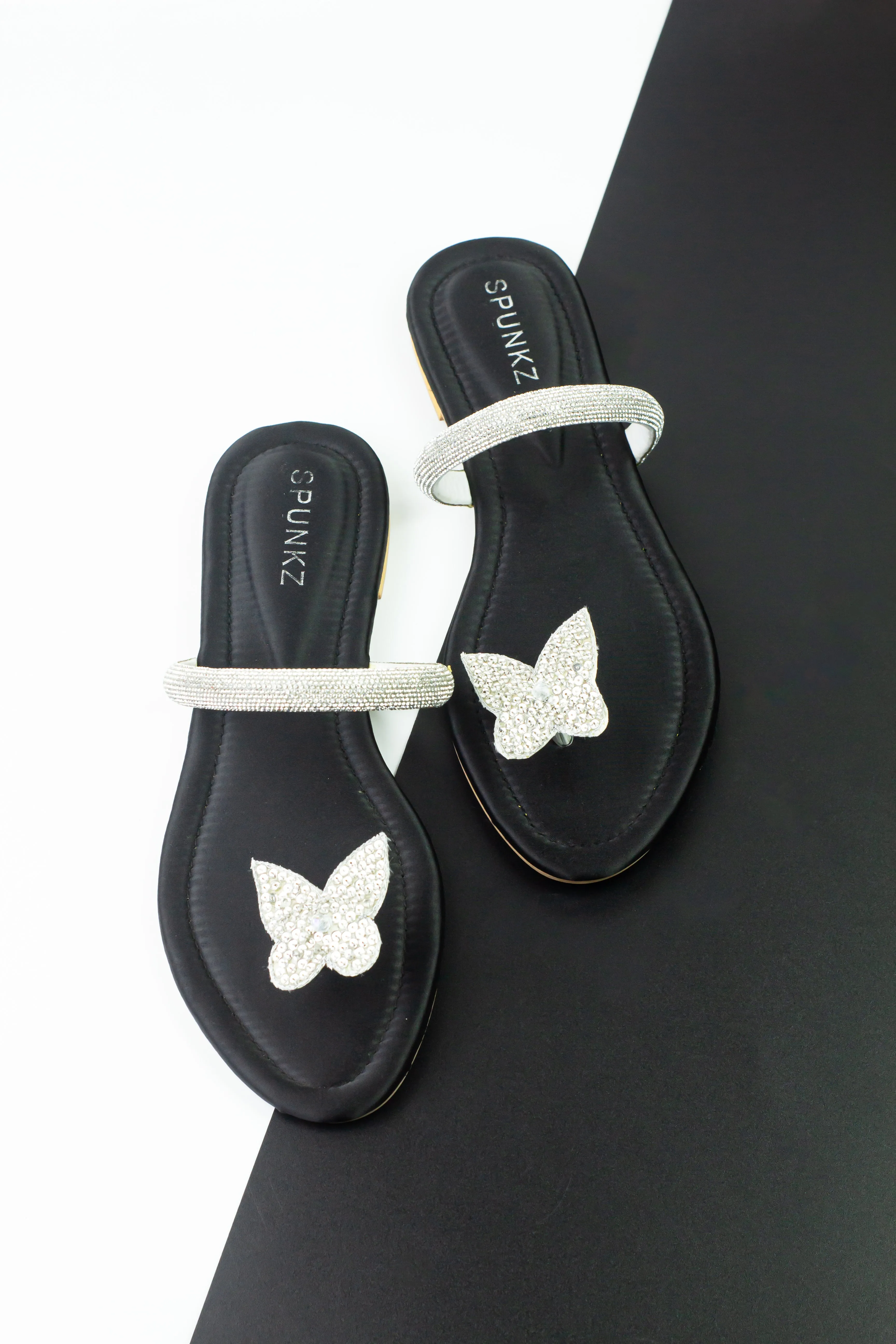 Spunkz Black Butterfly Embroidery Sequins Decor Kolhapuri Flats Slippers