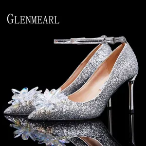 Women Wedding Shoes High Heels Cinderella Crystal Shoes Woman Pumps Rhinestone Pointed Toe Glitter Party Shoes Sliver Plus Size